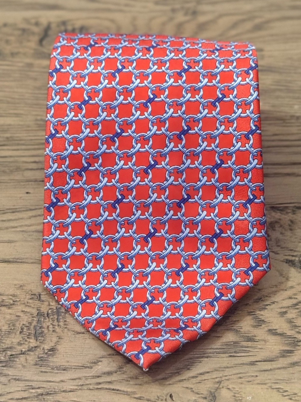 Brooks Brothers Red Tie with Blue and White Chain-Link Pattern